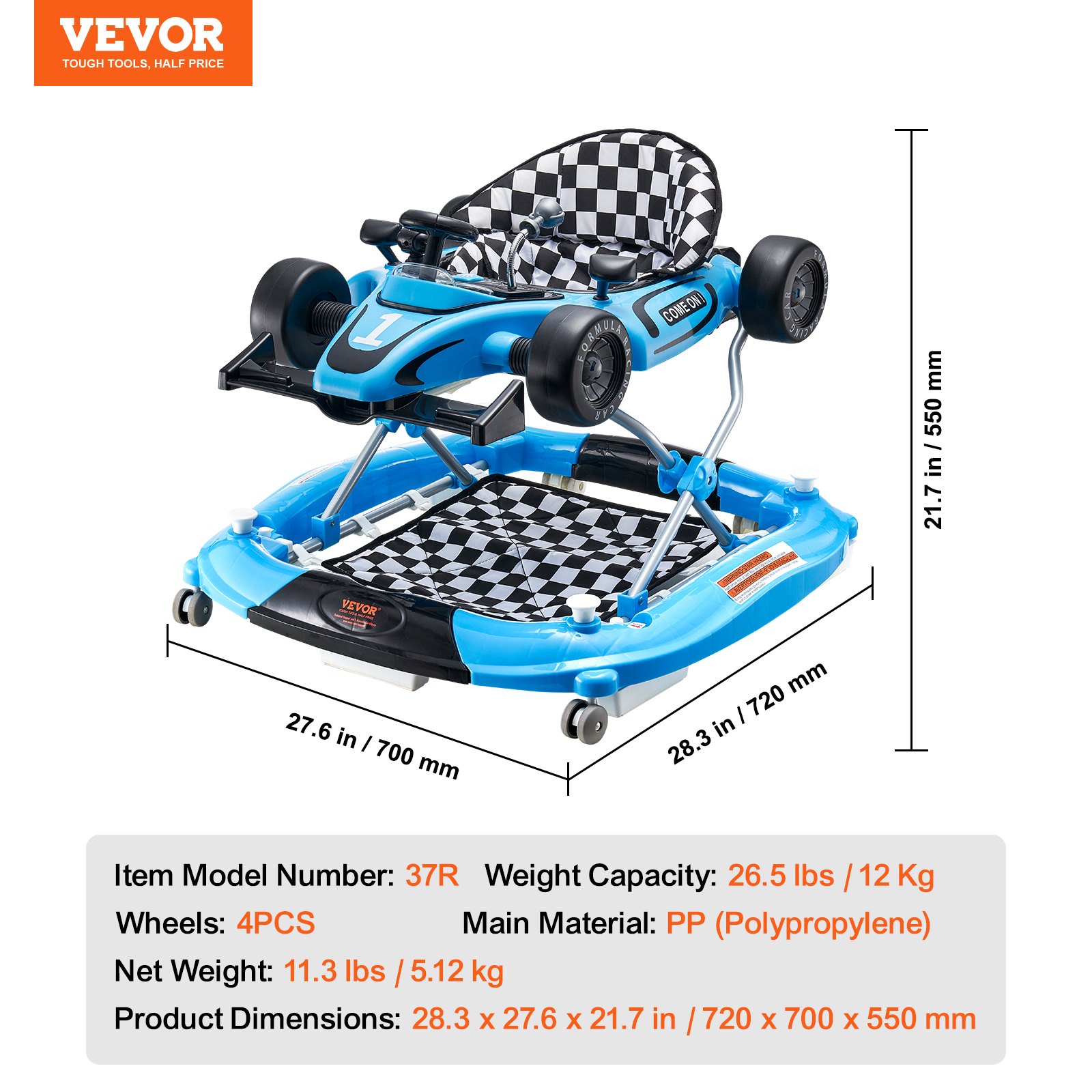 VEVOR 4-in-1 Baby Walker, Foldable Baby Activity Center with Wheels, Adjustable Height, Light, Steering Wheel, Learning-Seated | Walk-Behind | Toy Car | Rocker Toddler Walker for Boys Girls 6-24 Month