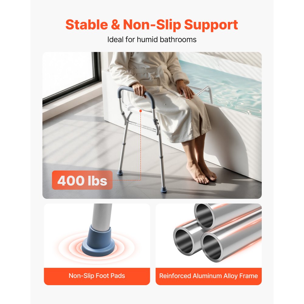 VEVOR Sliding Shower Chair, 400 lbs Capacity Tub Transfer Bench for Bathtub, Heavy Duty Shower Bench with Arms and Backrest, Height Adjustable Seat for Handicap, Adults, Seniors, Elderly and Disabled
