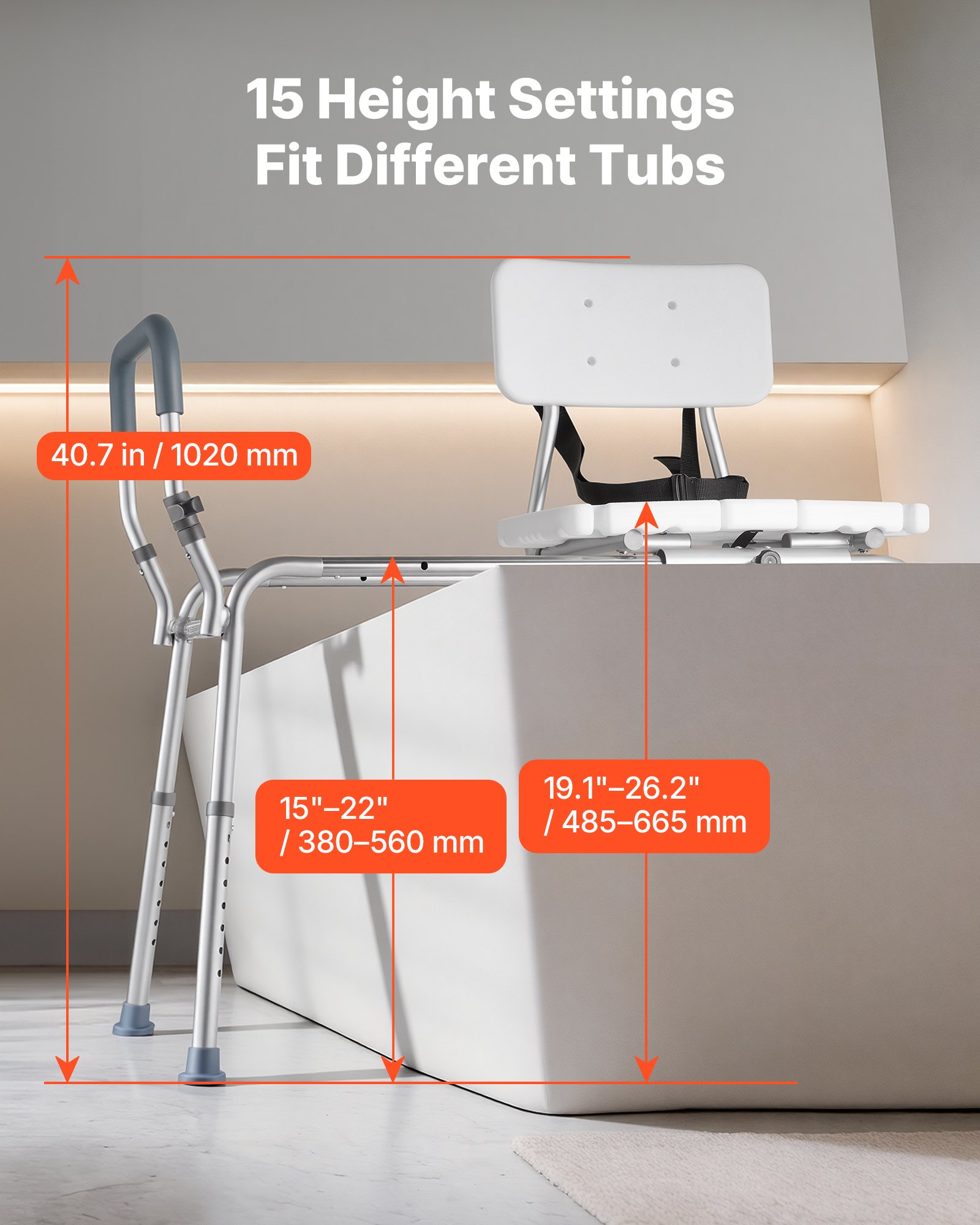VEVOR Sliding Shower Chair, 400 lbs Capacity Tub Transfer Bench for Bathtub, Heavy Duty Shower Bench with Arms and Backrest, Height Adjustable Seat for Handicap, Adults, Seniors, Elderly and Disabled