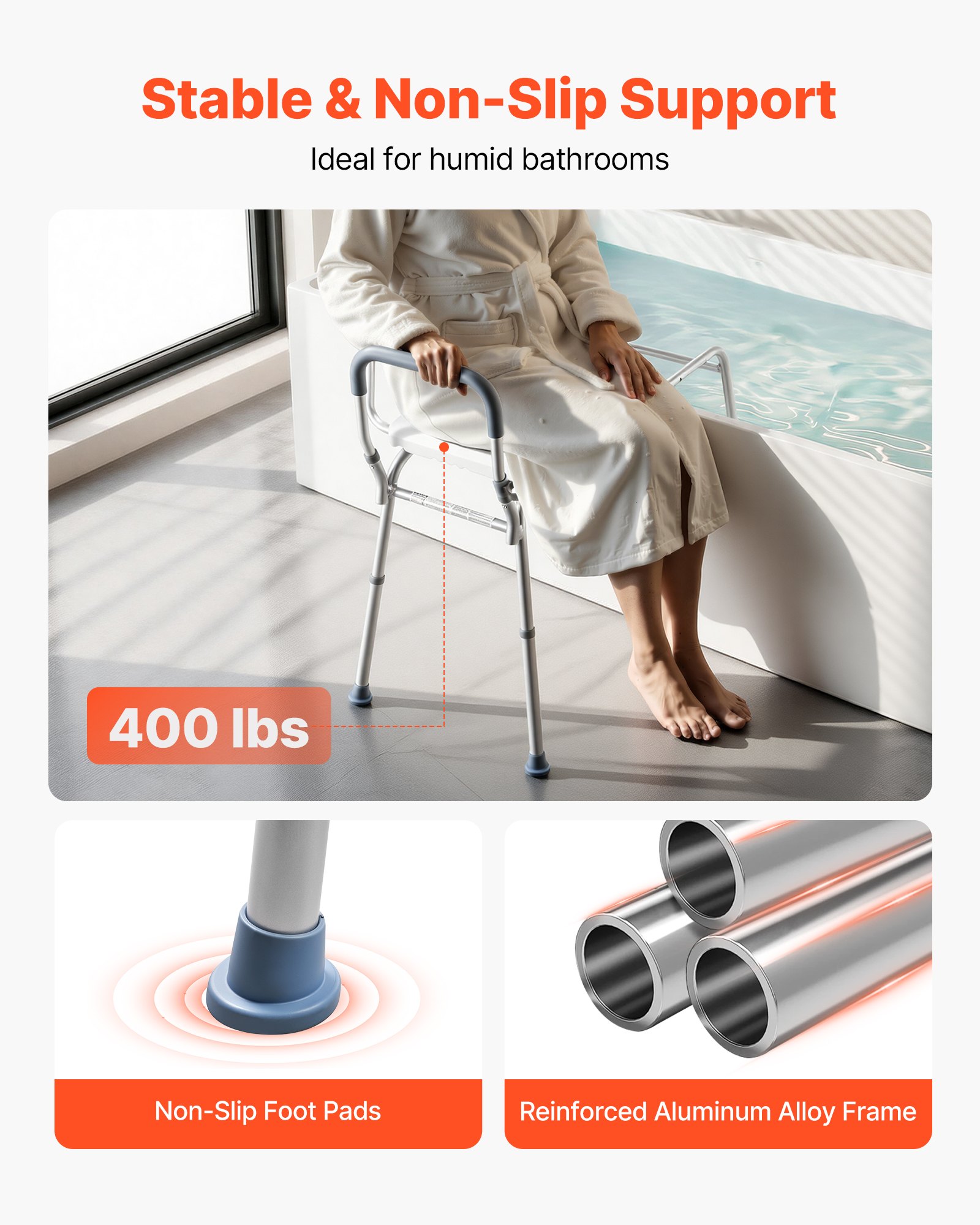 VEVOR Sliding Shower Chair, 400 lbs Capacity Tub Transfer Bench for Bathtub, Heavy Duty Shower Bench with Arms and Backrest, Height Adjustable Seat for Handicap, Adults, Seniors, Elderly and Disabled