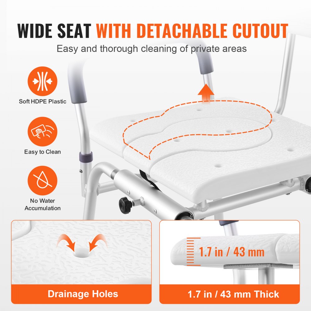 VEVOR sliding tub transfer bench with wide seat, detachable cutout, and drain holes for easy cleaning.