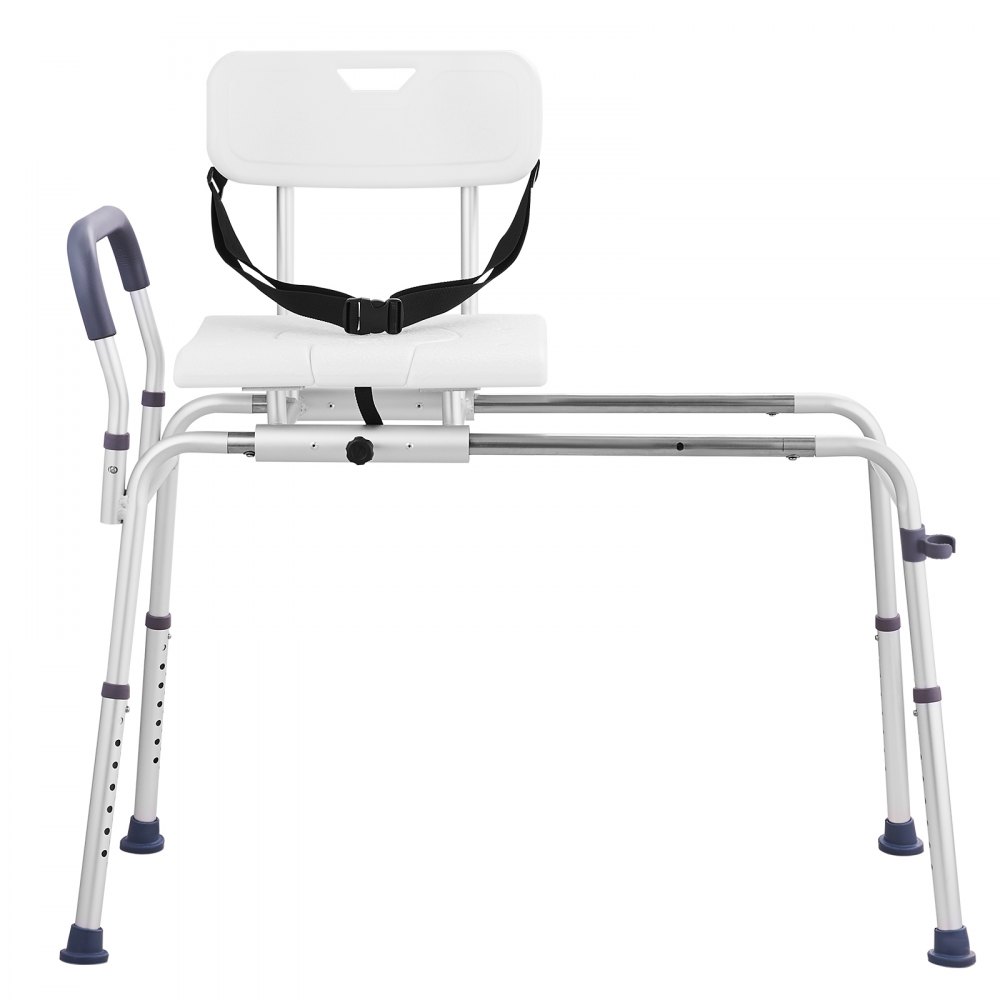 VEVOR sliding tub transfer bench with adjustable height, padded seat, and secure straps for safety.