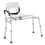 VEVOR sliding tub transfer bench with adjustable legs and backrest, featuring a secure safety belt.
