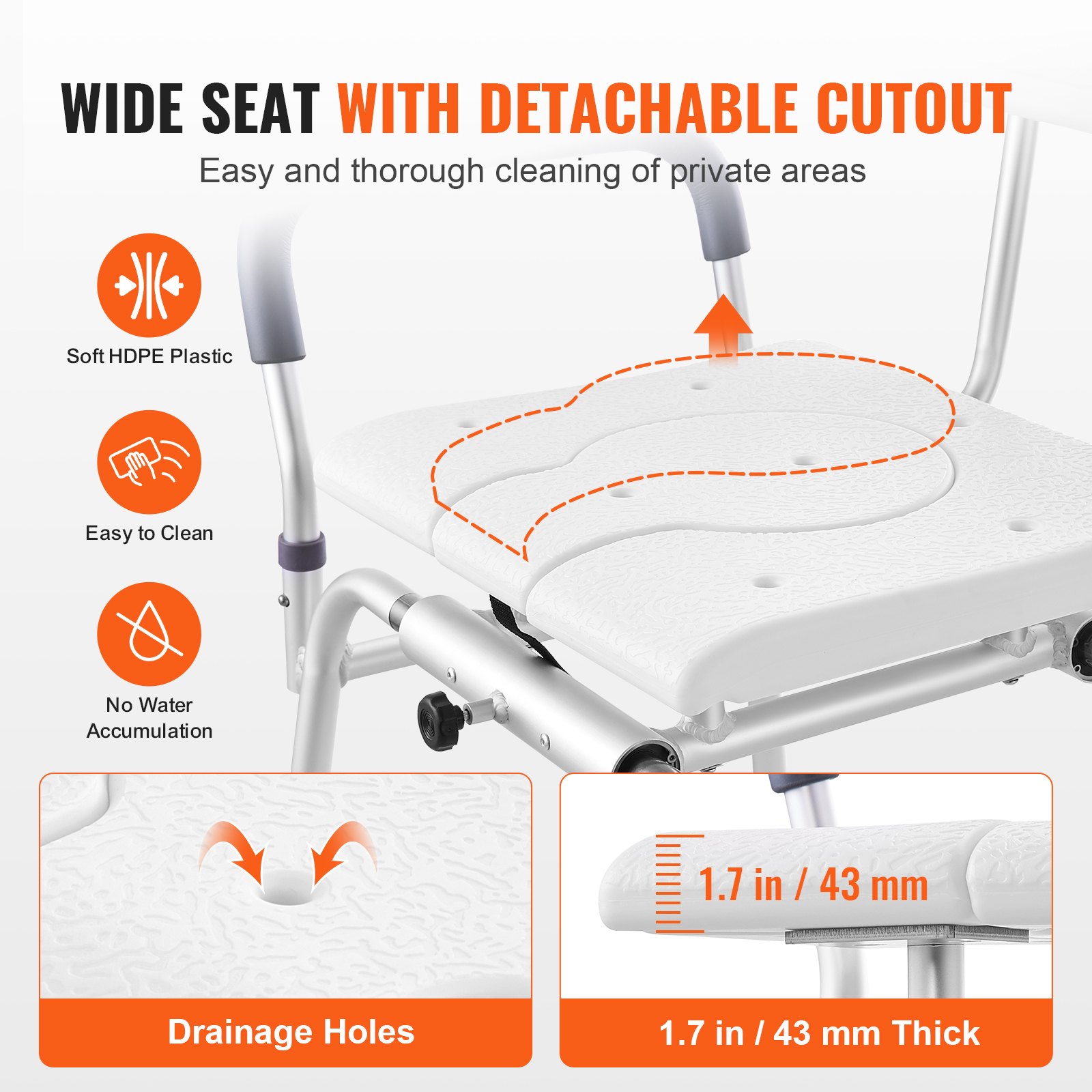 VEVOR sliding tub transfer bench with wide seat, detachable cutout, and drain holes for easy cleaning.