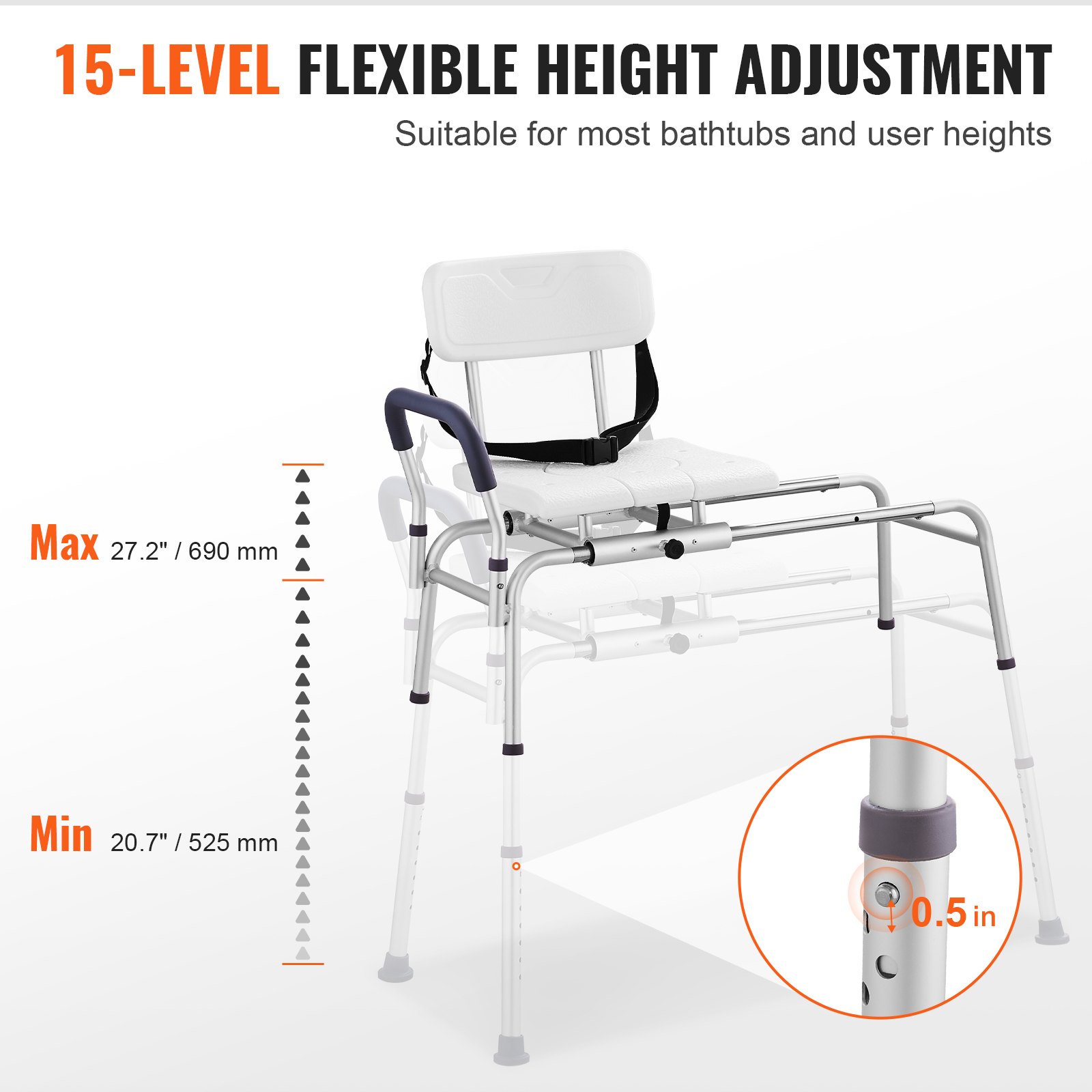 VEVOR sliding tub transfer bench with 15-level height adjustment, suitable for various bathtubs.