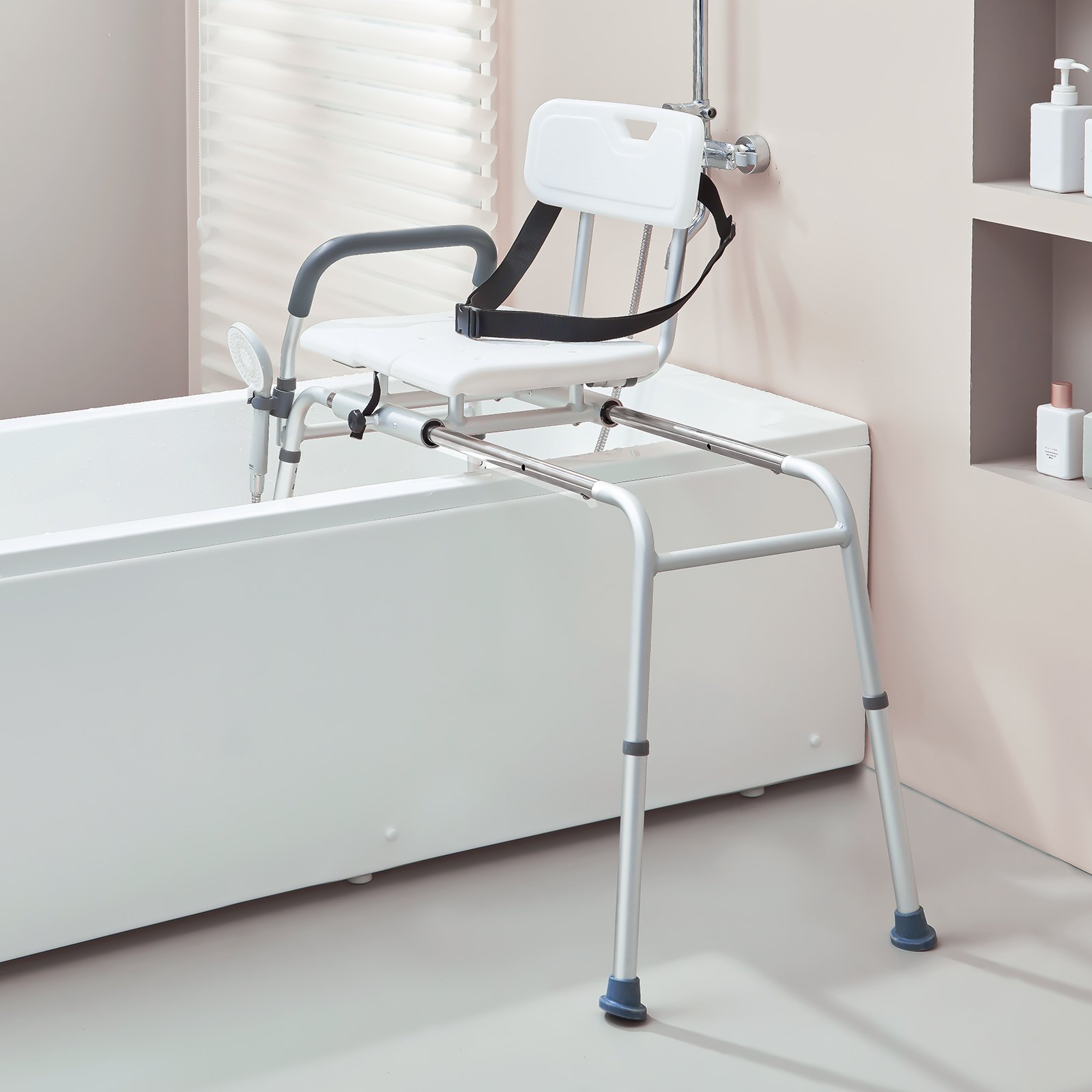 VEVOR sliding tub transfer bench in a modern bathroom with a tub and toiletries in soft lighting.