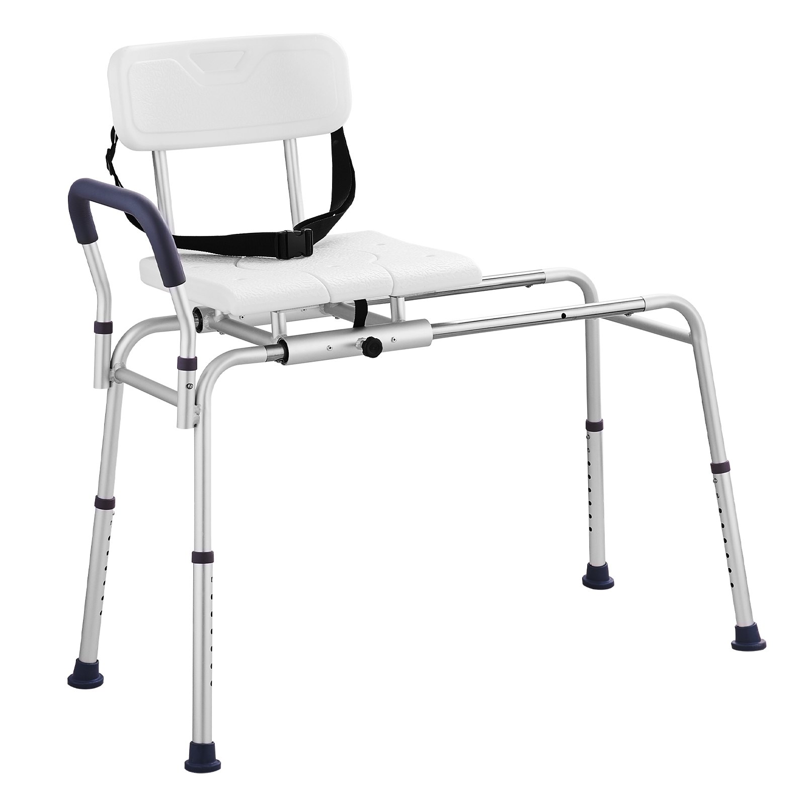 VEVOR sliding tub transfer bench with adjustable legs and backrest, featuring a secure safety belt.