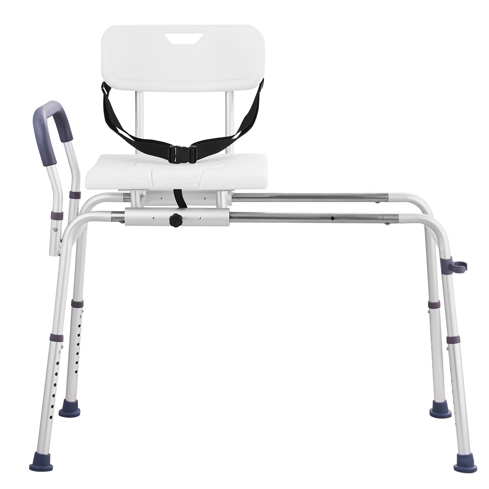 VEVOR sliding tub transfer bench with adjustable height, padded seat, and secure straps for safety.