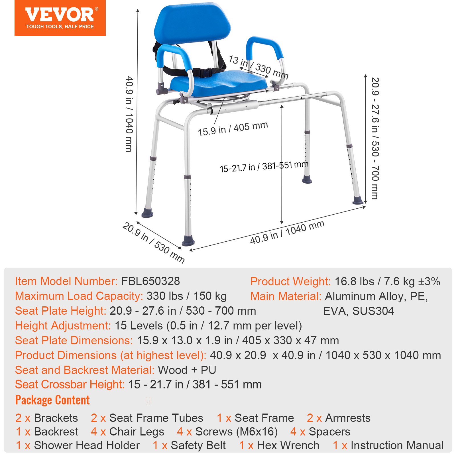 VEVOR Sliding Tub Transfer Bench with 360 Degree Swivel Seat, Sliding Shower Chair with Pivoting Armrest & Padded Seat and Safety Belt, Height Adjustable Bath Chair for Elderly Disabled 330LBS