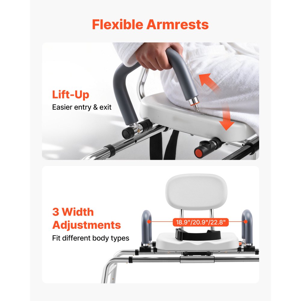 VEVOR Sliding Shower Chair, 180 kg Tub Transfer Bench for Bathtub with Swivel Seat, Shower Bench with Pivoting Arms and Backrest, Height & Width Adjustable for Handicap, Seniors, Elderly and Disabled