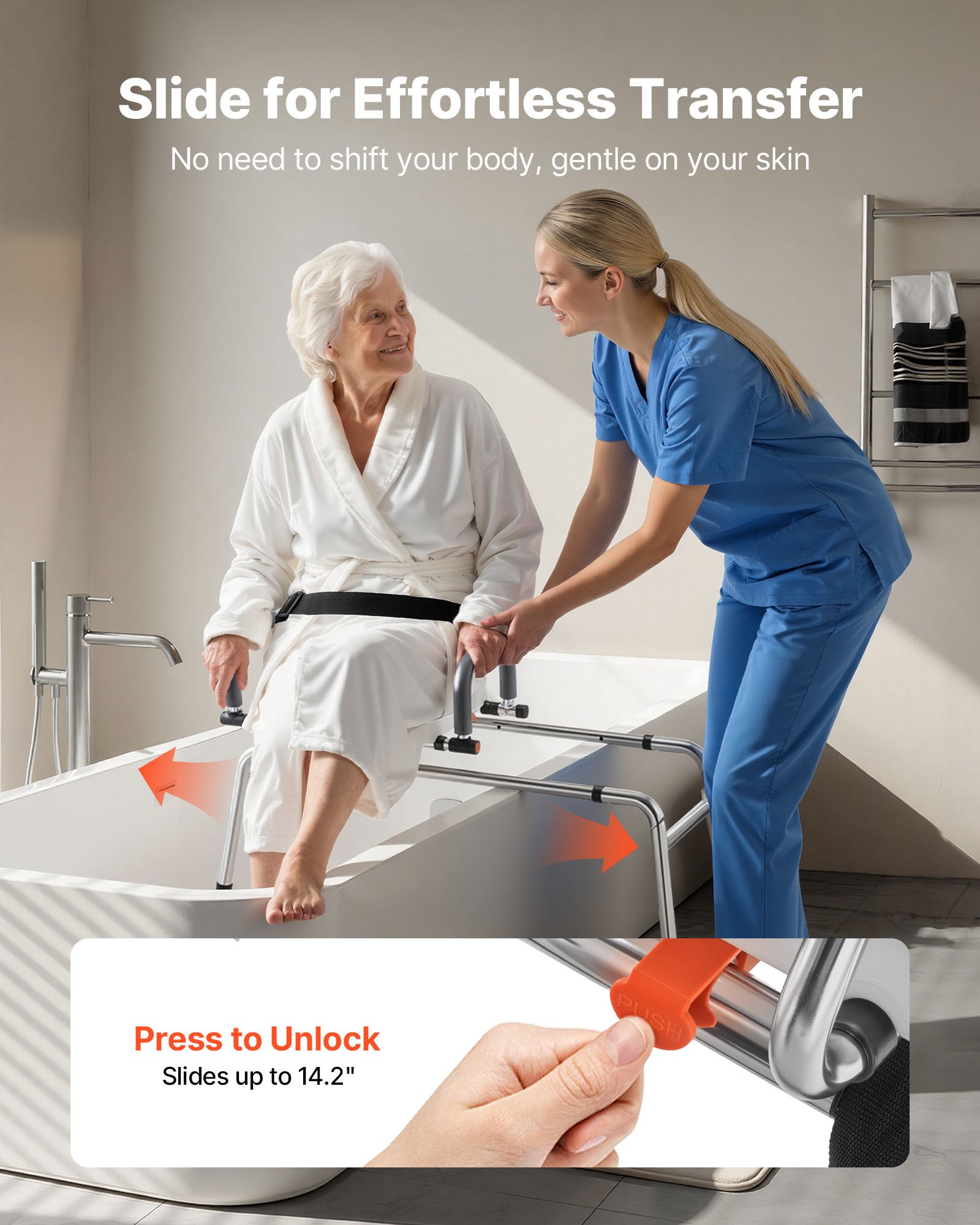 VEVOR Sliding Shower Chair, 180 kg Tub Transfer Bench for Bathtub with Swivel Seat, Shower Bench with Pivoting Arms and Backrest, Height & Width Adjustable for Handicap, Seniors, Elderly and Disabled