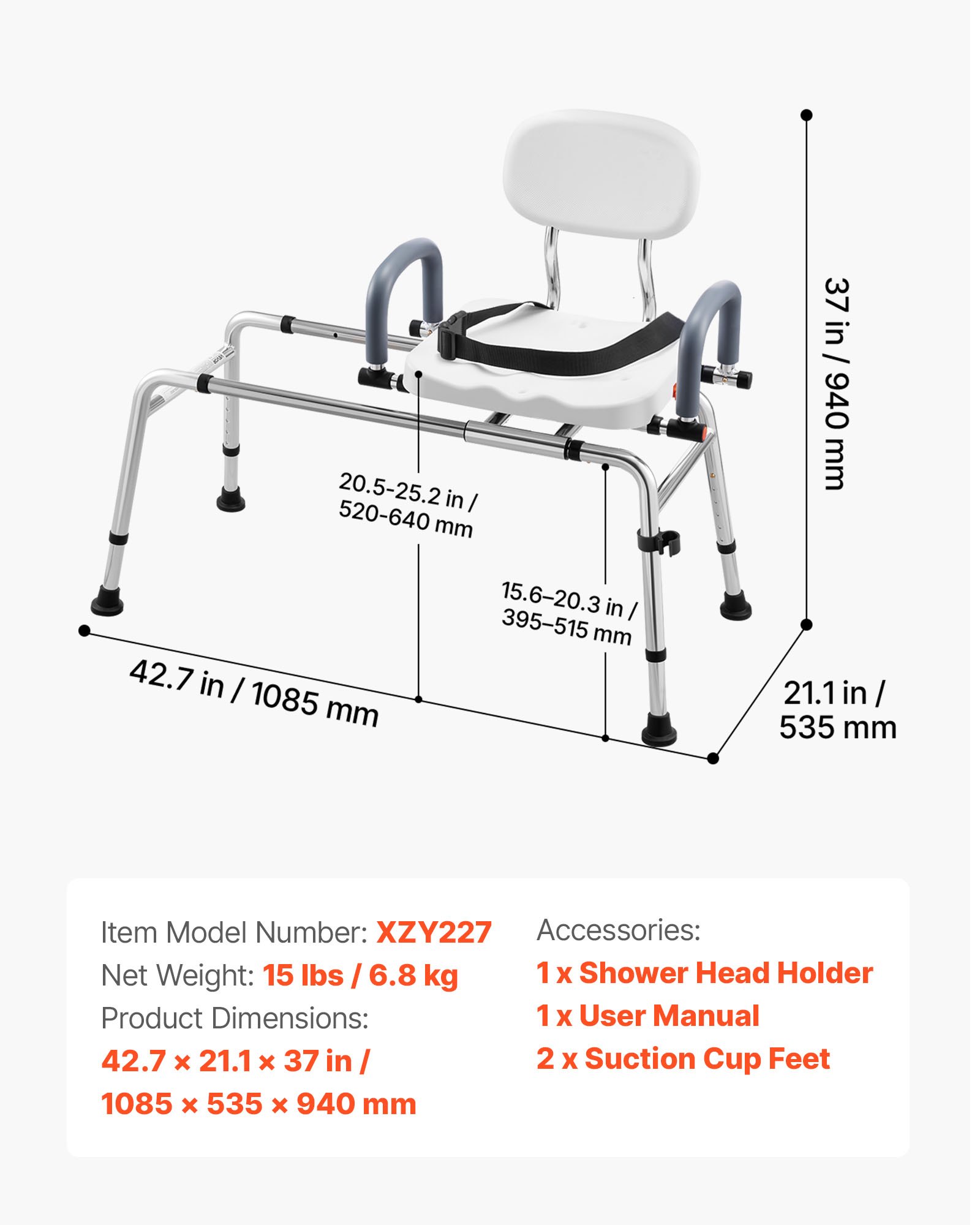 VEVOR Sliding Shower Chair, 180 kg Tub Transfer Bench for Bathtub with Swivel Seat, Shower Bench with Pivoting Arms and Backrest, Height & Width Adjustable for Handicap, Seniors, Elderly and Disabled