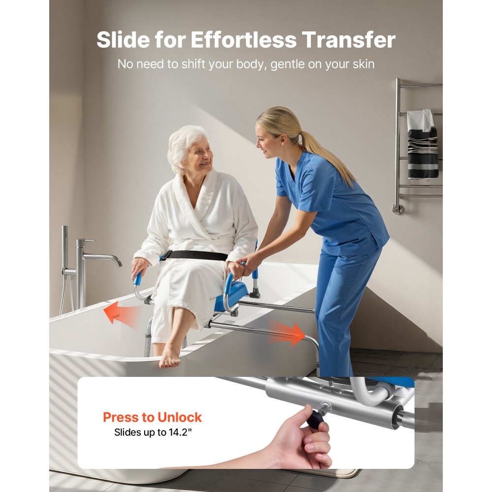 VEVOR Sliding Shower Chair, 150 kg Tub Transfer Bench for Bathtub with Swivel Seat, Padded Shower Bench with Pivoting Arms and Backrest, Height Adjustable for Handicap, Seniors, Elderly and Disabled