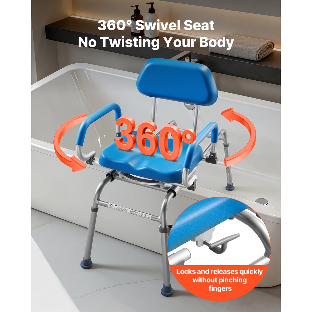 VEVOR Sliding Shower Chair, 150 kg Tub Transfer Bench for Bathtub with Swivel Seat, Padded Shower Bench with Pivoting Arms and Backrest, Height Adjustable for Handicap, Seniors, Elderly and Disabled