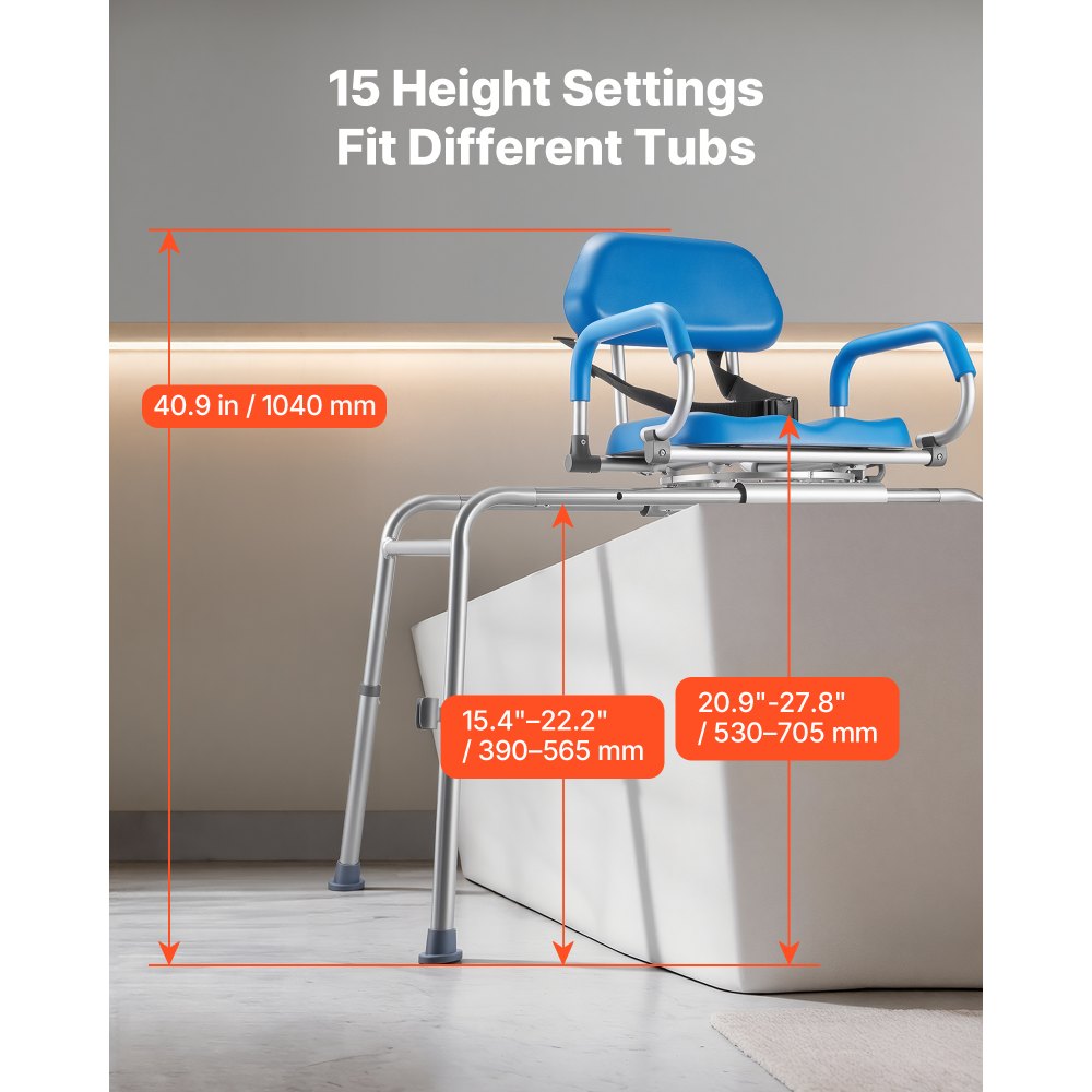 VEVOR Sliding Shower Chair, 150 kg Tub Transfer Bench for Bathtub with Swivel Seat, Padded Shower Bench with Pivoting Arms and Backrest, Height Adjustable for Handicap, Seniors, Elderly and Disabled