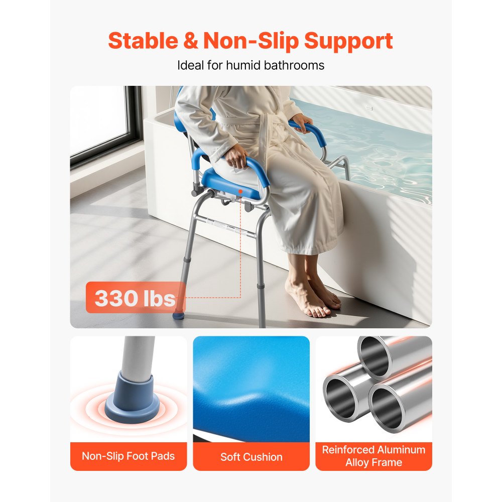 VEVOR Sliding Shower Chair, 150 kg Tub Transfer Bench for Bathtub with Swivel Seat, Padded Shower Bench with Pivoting Arms and Backrest, Height Adjustable for Handicap, Seniors, Elderly and Disabled