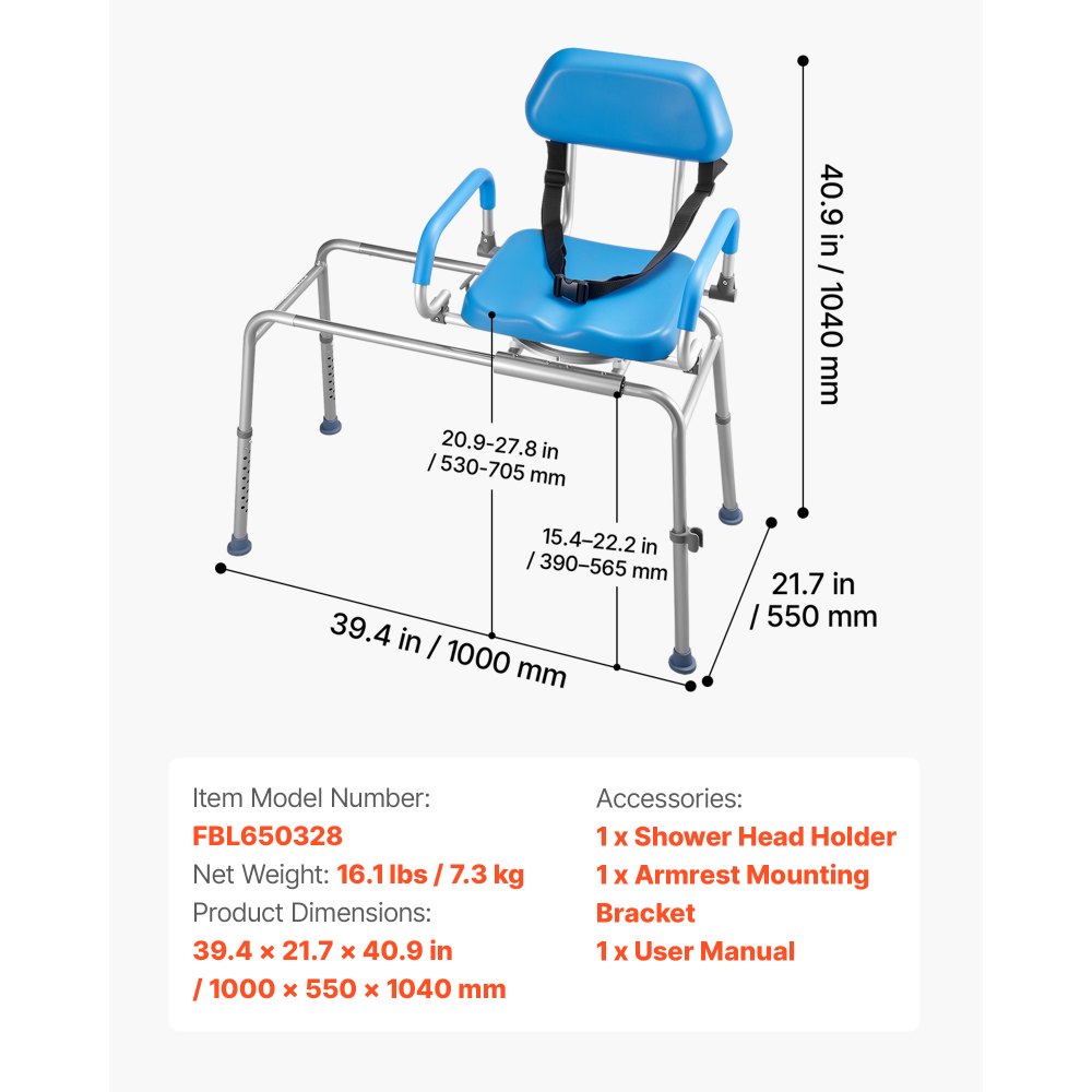 VEVOR Sliding Shower Chair, 150 kg Tub Transfer Bench for Bathtub with Swivel Seat, Padded Shower Bench with Pivoting Arms and Backrest, Height Adjustable for Handicap, Seniors, Elderly and Disabled