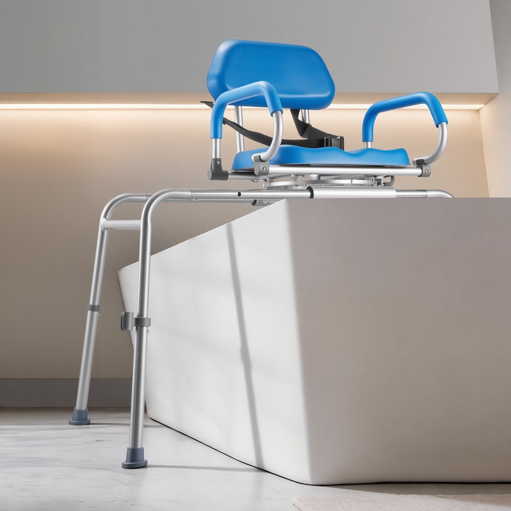 VEVOR Sliding Shower Chair, 150 kg Tub Transfer Bench for Bathtub with Swivel Seat, Padded Shower Bench with Pivoting Arms and Backrest, Height Adjustable for Handicap, Seniors, Elderly and Disabled