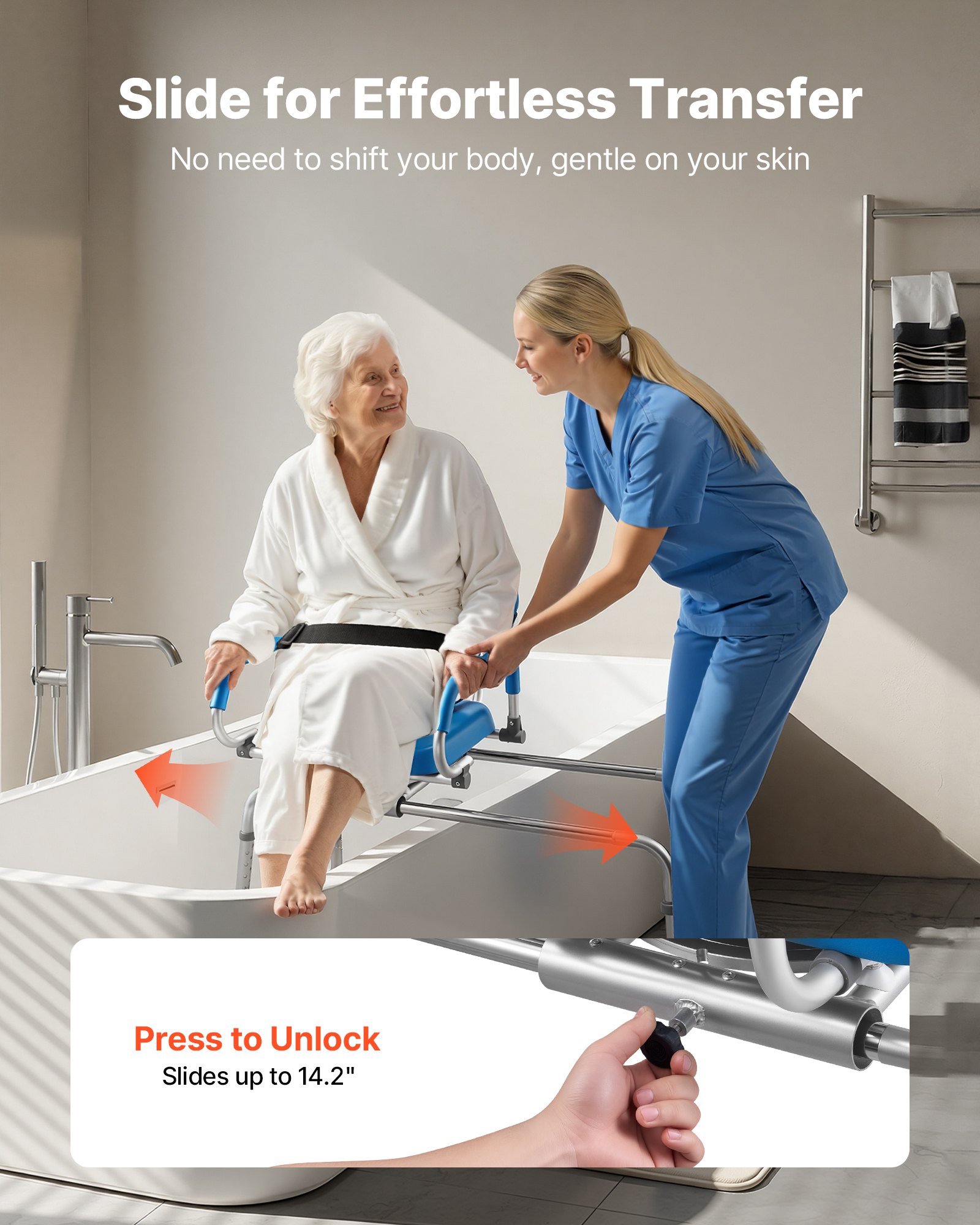 VEVOR Sliding Shower Chair, 150 kg Tub Transfer Bench for Bathtub with Swivel Seat, Padded Shower Bench with Pivoting Arms and Backrest, Height Adjustable for Handicap, Seniors, Elderly and Disabled