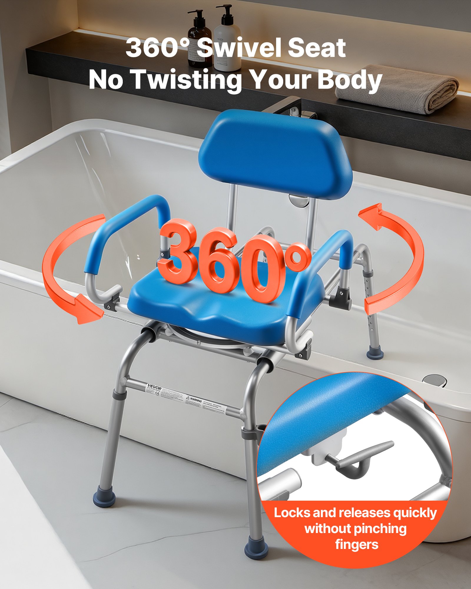 VEVOR Sliding Shower Chair, 150 kg Tub Transfer Bench for Bathtub with Swivel Seat, Padded Shower Bench with Pivoting Arms and Backrest, Height Adjustable for Handicap, Seniors, Elderly and Disabled