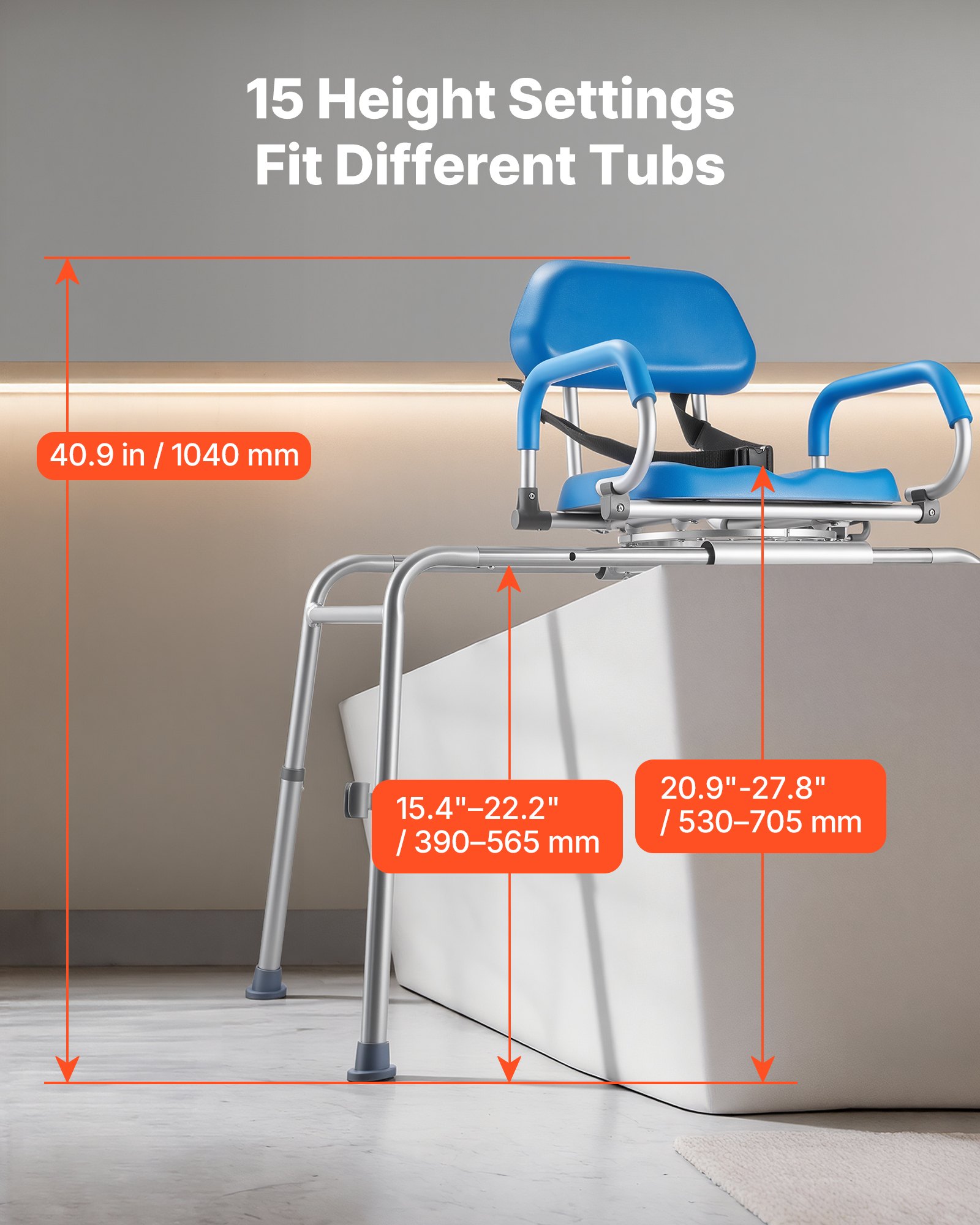 VEVOR Sliding Shower Chair, 150 kg Tub Transfer Bench for Bathtub with Swivel Seat, Padded Shower Bench with Pivoting Arms and Backrest, Height Adjustable for Handicap, Seniors, Elderly and Disabled