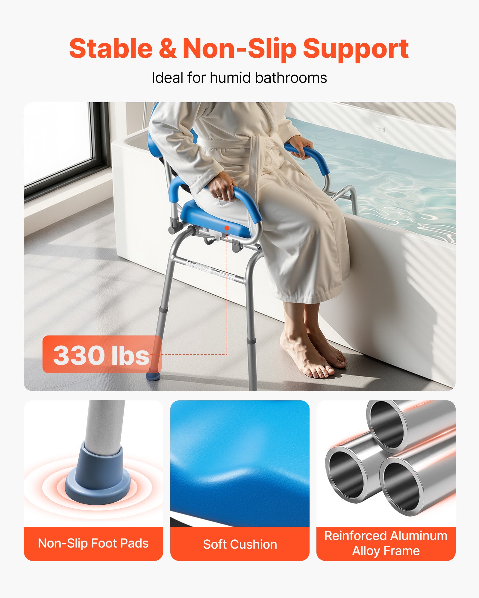 VEVOR Sliding Shower Chair, 150 kg Tub Transfer Bench for Bathtub with Swivel Seat, Padded Shower Bench with Pivoting Arms and Backrest, Height Adjustable for Handicap, Seniors, Elderly and Disabled