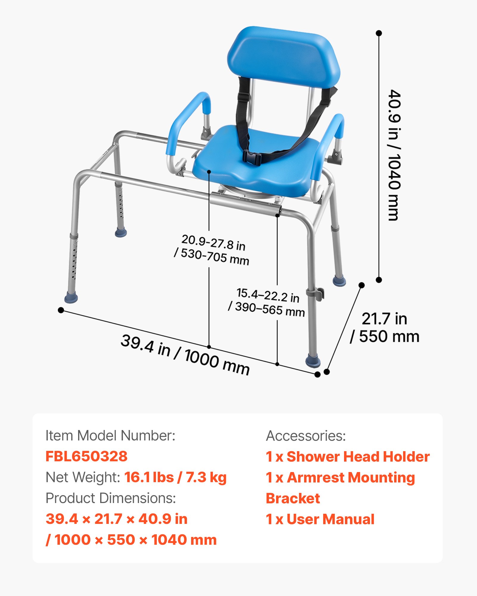 VEVOR Sliding Shower Chair, 150 kg Tub Transfer Bench for Bathtub with Swivel Seat, Padded Shower Bench with Pivoting Arms and Backrest, Height Adjustable for Handicap, Seniors, Elderly and Disabled
