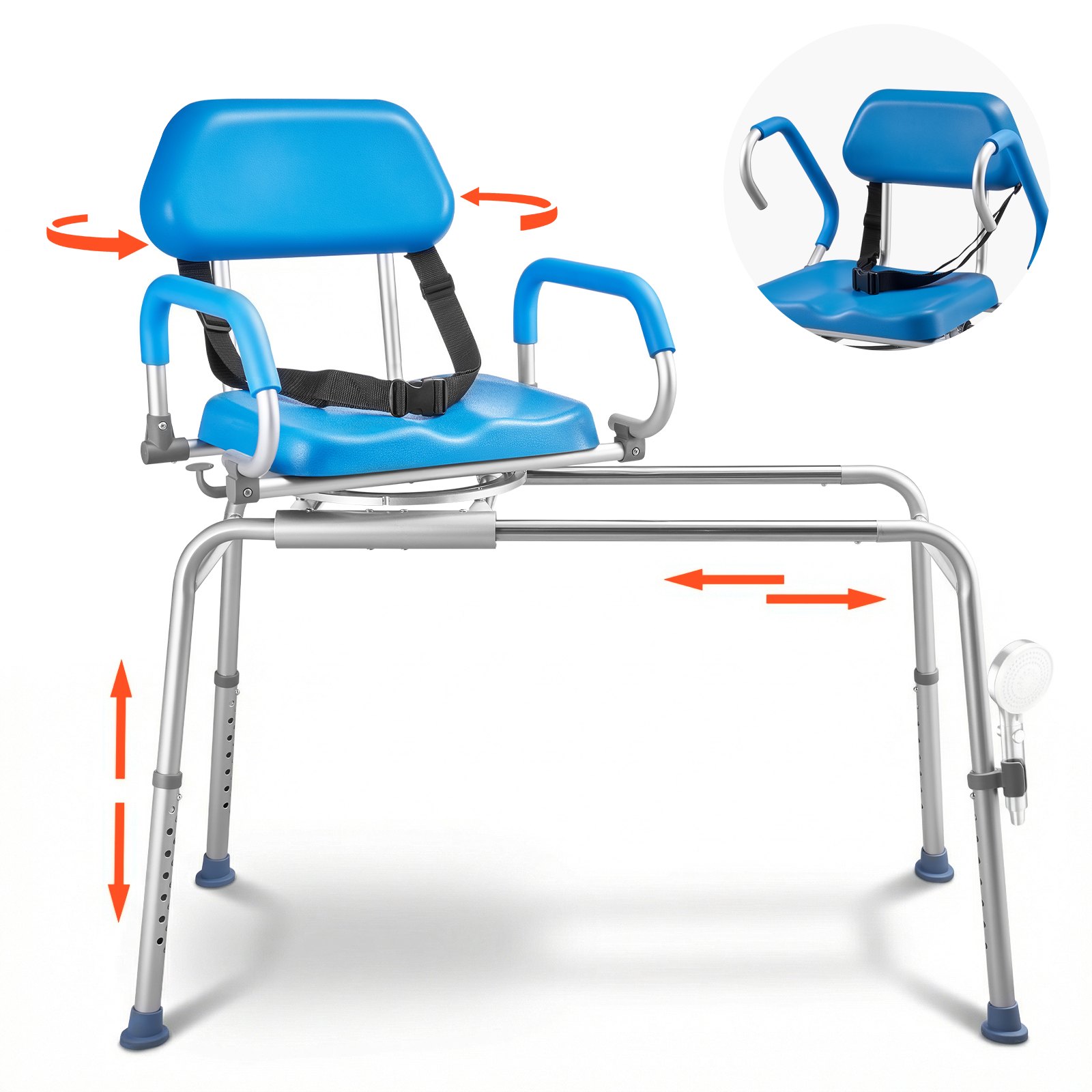 VEVOR Sliding Shower Chair, 150 kg Tub Transfer Bench for Bathtub with Swivel Seat, Padded Shower Bench with Pivoting Arms and Backrest, Height Adjustable for Handicap, Seniors, Elderly and Disabled