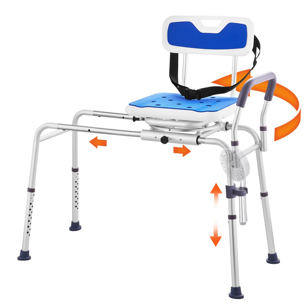 VEVOR sliding tub transfer bench with adjustable legs, blue seat, and backrest, safety belt, and arrows indicating movement.