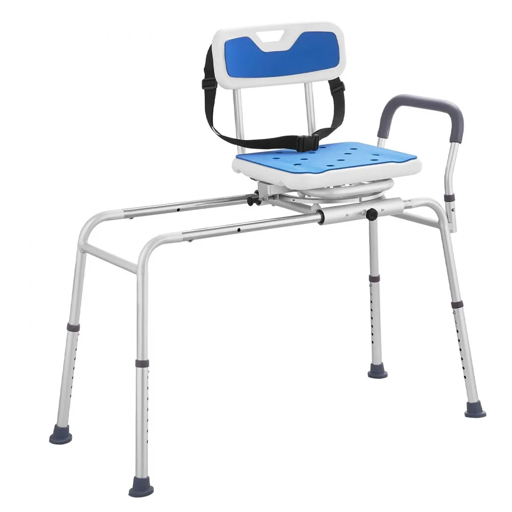 VEVOR sliding tub transfer bench with adjustable legs, blue padded seat, and safety strap.