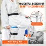 person seated in VEVOR sliding tub transfer bench with waist safety belt and shower head holder.