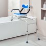 VEVOR sliding tub transfer bench with blue seat, backrest, and secure straps over a white bathtub.