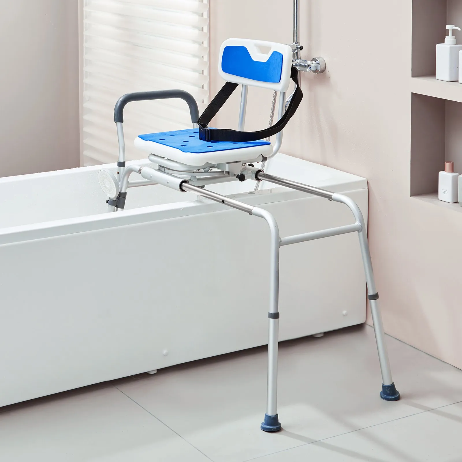 VEVOR sliding tub transfer bench with blue seat, backrest, and secure straps over a white bathtub.