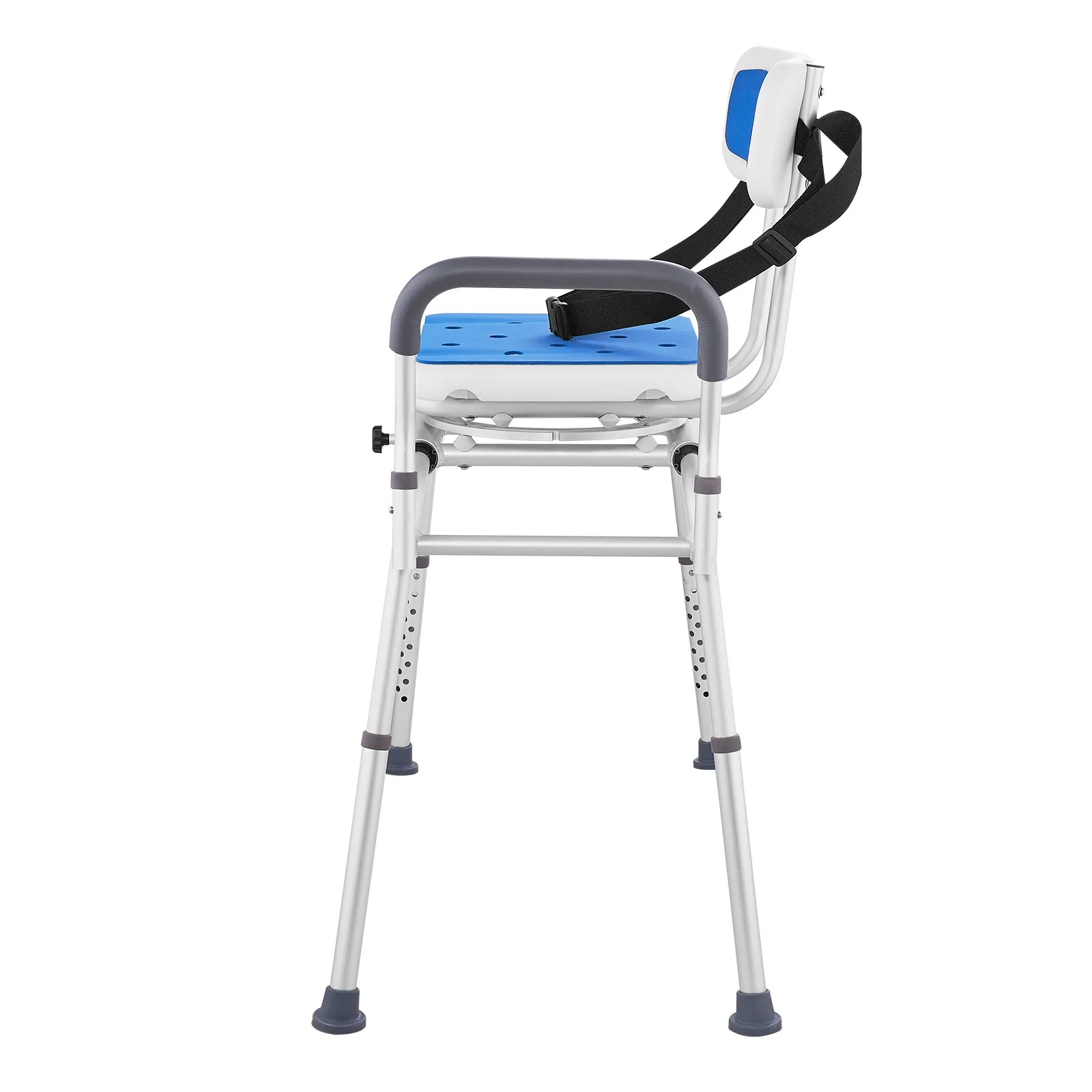 VEVOR sliding tub transfer bench with adjustable legs, blue seat, and safety straps, side view.
