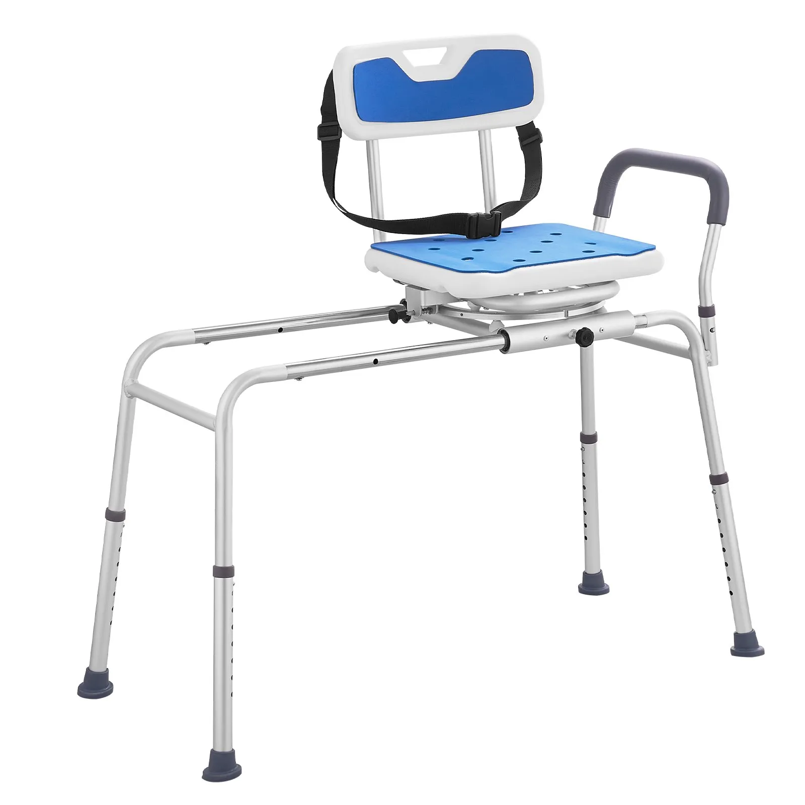 VEVOR sliding tub transfer bench with adjustable legs, blue padded seat, and safety strap.