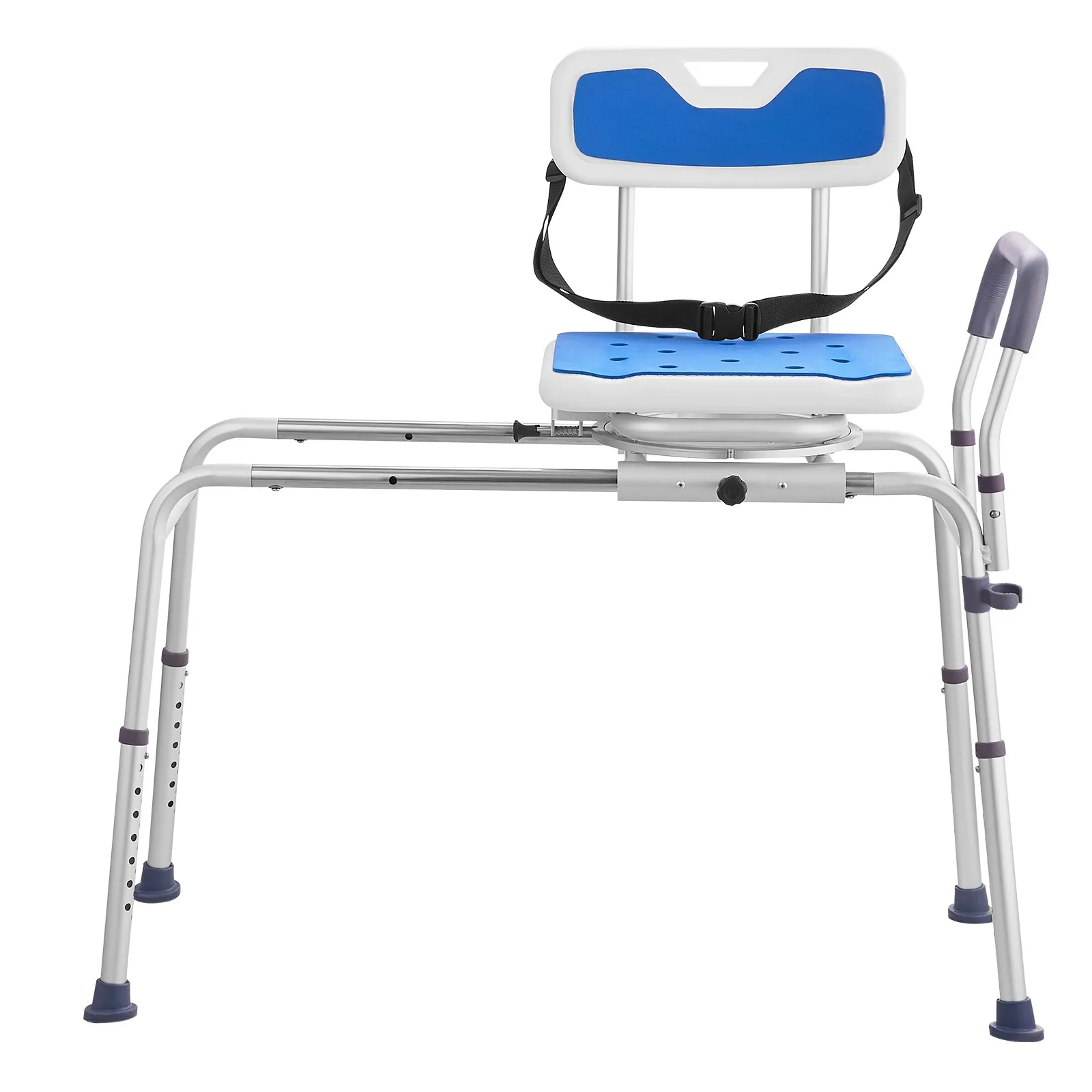 VEVOR sliding tub transfer bench with blue seat and backrest, safety straps, adjustable legs, and handles.