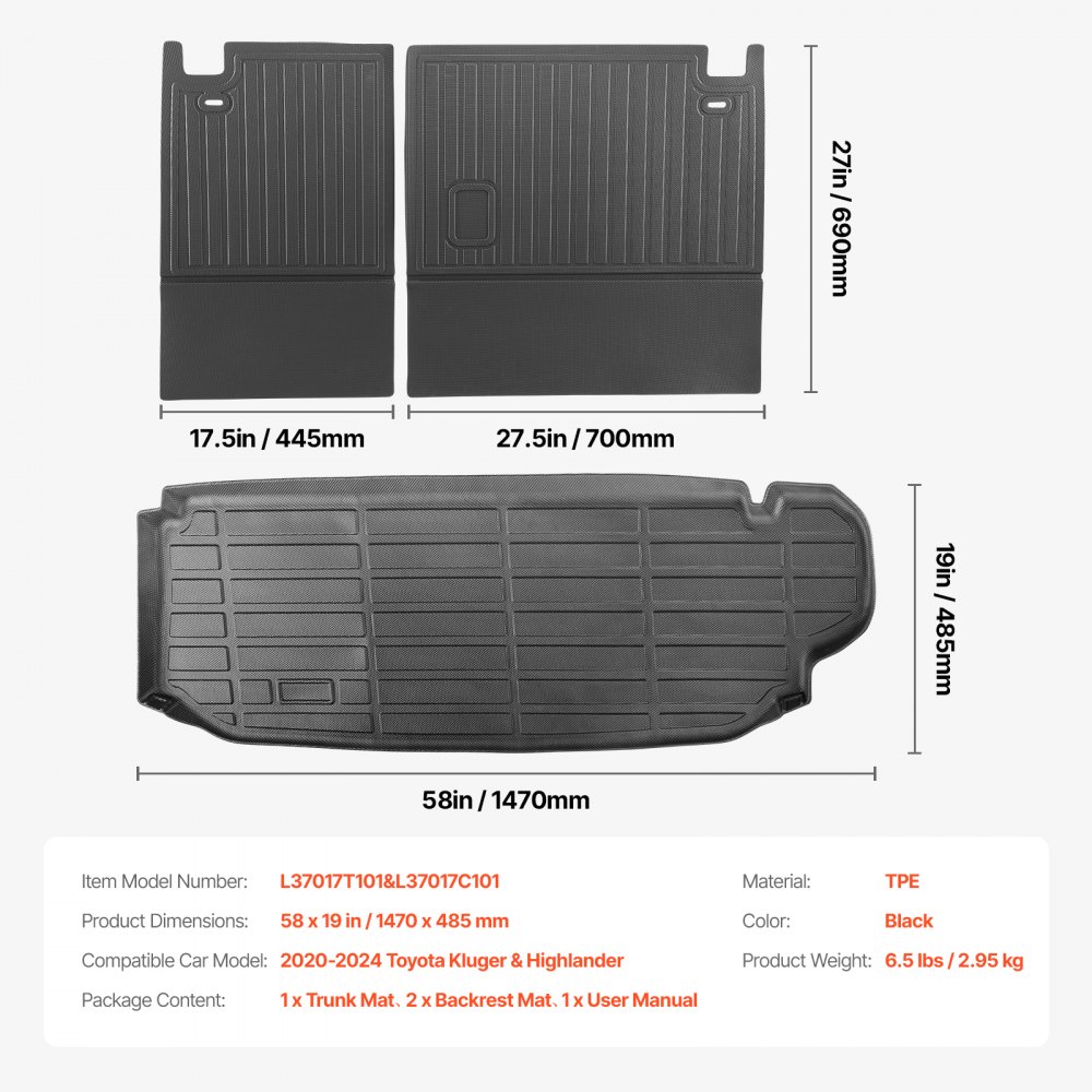 VEVOR Cargo Mats Compatible with Toyota Kluger & Highlander 2020-2024, Custom Fit TPE Cargo Liner Set for SUVs, Trunk and Rear Back Seat Protector Replacement, Trunk Mat and Backrest Mats