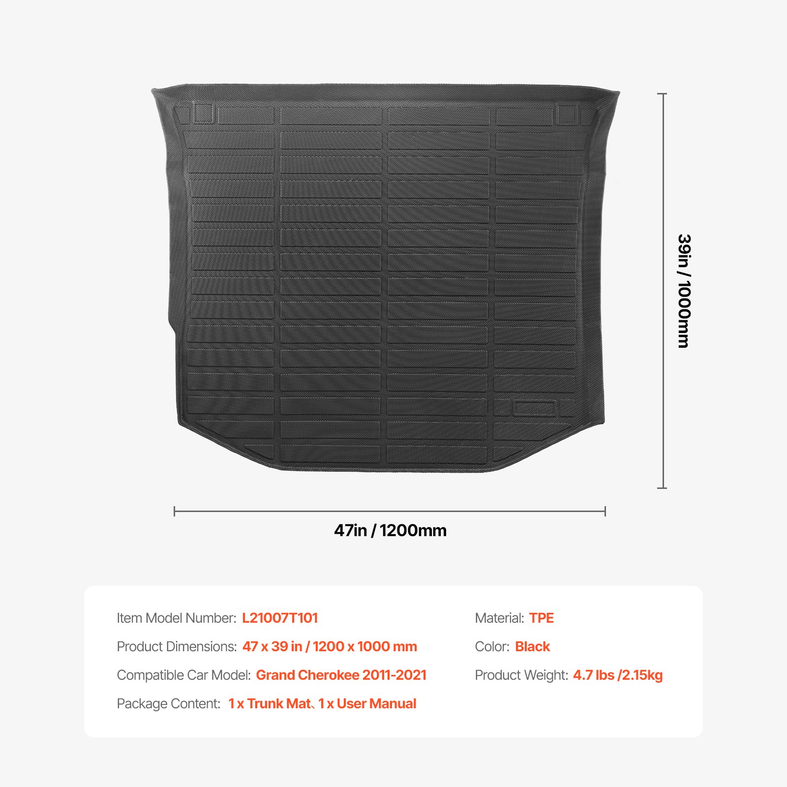 VEVOR Cargo Mat Compatible with Jeep Grand Cherokee 2011-2021, Precise Fit Trunk Mat for SUVs, TPE Trunk Protector Replacement, Black (1PCS)