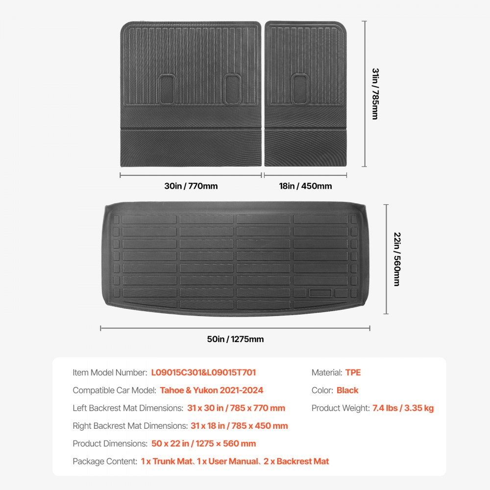 VEVOR Cargo Mats Compatible Chevrolet Tahoe & GMC Yukon 2021-2024, Custom Fit TPE Cargo Liner Set for SUVs, Trunk and Rear Back Seat Protector Replacement, Trunk Mat and Backrest Mats
