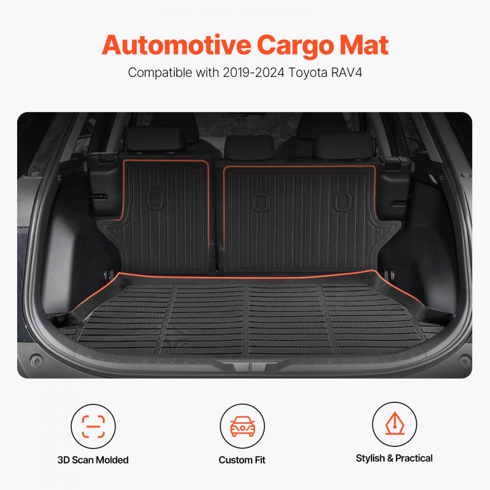 VEVOR Cargo Mats Compatible with Toyota RAV4 2019-2024, Custom Fit TPE Cargo Liner Set for SUVs, Trunk and Rear Back Seat Protector Replacement, Black, Trunk Mat and Backrest Mats