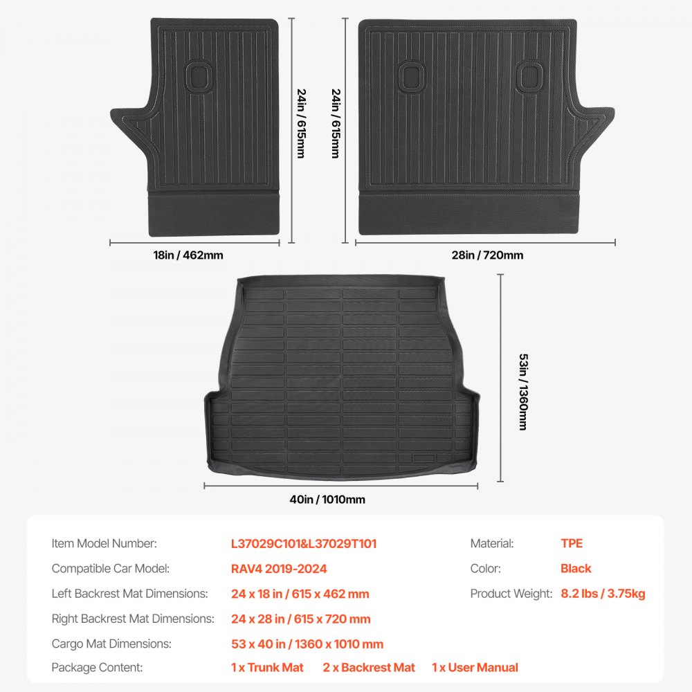 VEVOR Cargo Mats Compatible with Toyota RAV4 2019-2024, Custom Fit TPE Cargo Liner Set for SUVs, Trunk and Rear Back Seat Protector Replacement, Black, Trunk Mat and Backrest Mats