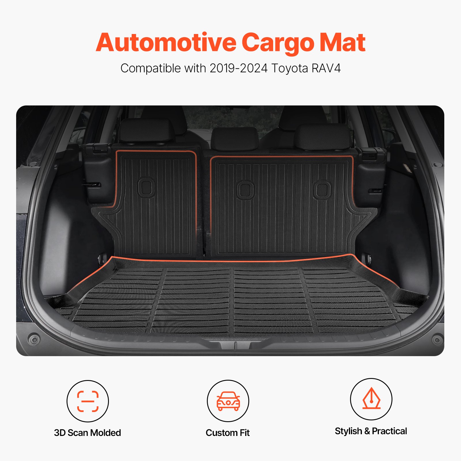 VEVOR Cargo Mats Compatible with Toyota RAV4 2019-2024, Custom Fit TPE Cargo Liner Set for SUVs, Trunk and Rear Back Seat Protector Replacement, Black, Trunk Mat and Backrest Mats