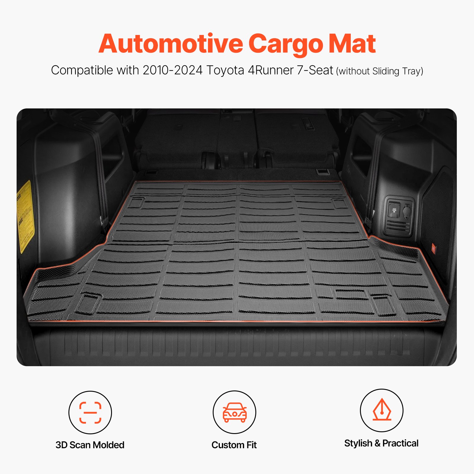 VEVOR Cargo Mat Compatible with Toyota 4Runner 7 Seater 2010-2024 without Sliding Tray, Precise Fit Trunk Mat for SUVs, TPE Trunk Protector Replacement, Black (1PCS)