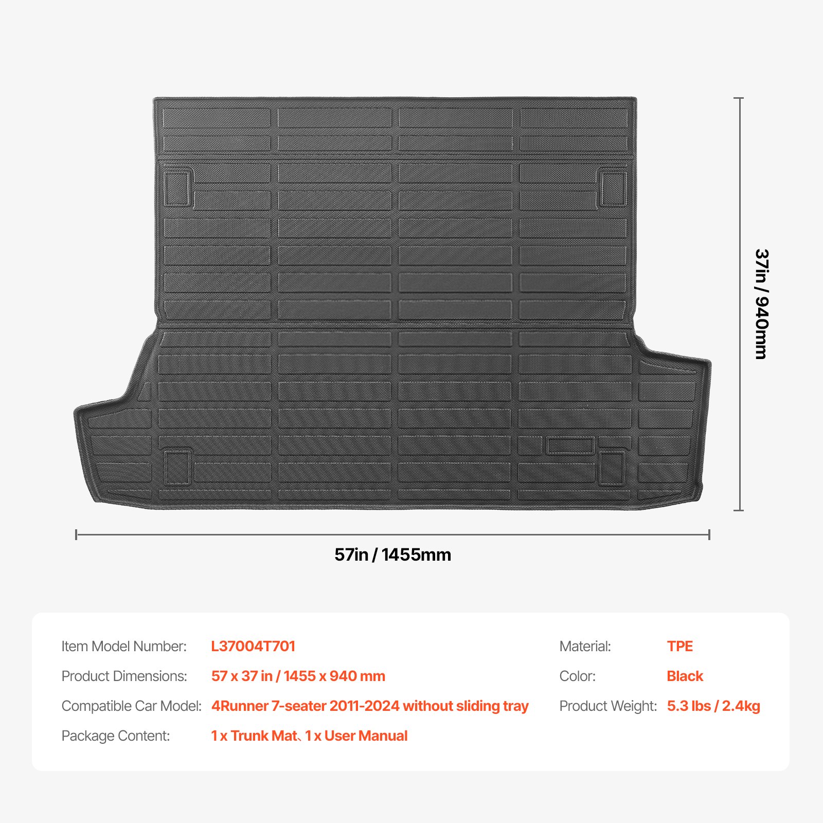 VEVOR Cargo Mat Compatible with Toyota 4Runner 7 Seater 2010-2024 without Sliding Tray, Precise Fit Trunk Mat for SUVs, TPE Trunk Protector Replacement, Black (1PCS)