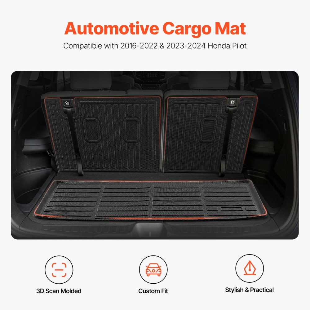 VEVOR Cargo Mats Compatible with 2016-2022 & 2023-2024 Honda Pilot, Custom Fit TPE Cargo Liner Set for SUVs, Trunk and Back Seat Protector Replacement, Black, Trunk Mat and Backrest Mats
