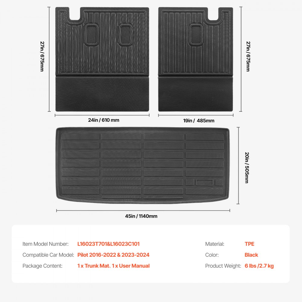VEVOR Cargo Mats Compatible with 2016-2022 & 2023-2024 Honda Pilot, Custom Fit TPE Cargo Liner Set for SUVs, Trunk and Back Seat Protector Replacement, Black, Trunk Mat and Backrest Mats