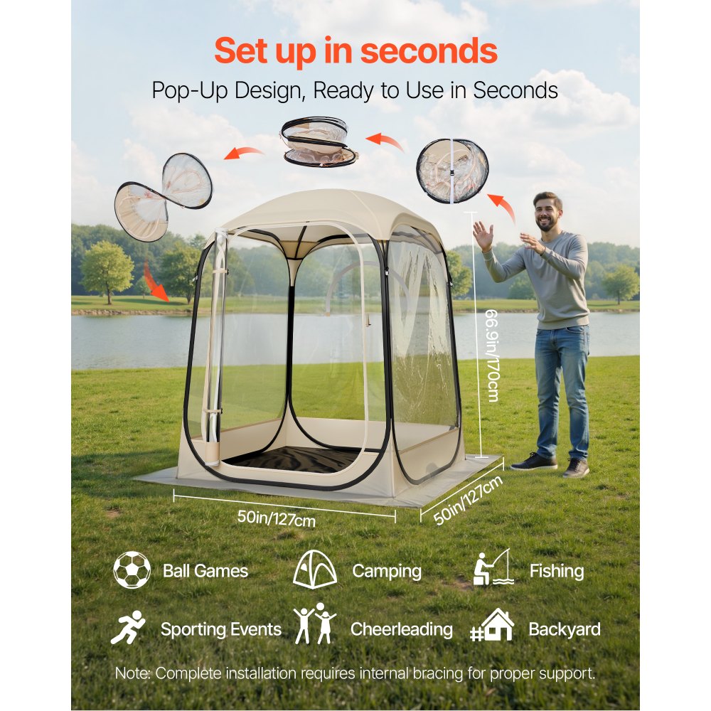 VEVOR Pop up Sports Tent, 50x50 in Clear Bubble Tent for 1 Person, Waterproof Outdoor Pod with Floor Mat & Top Cover, Garden Igloo Dome Tents Camping Shelter for Events Fishing Cheering