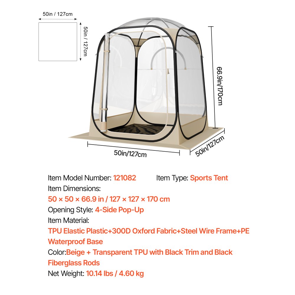 VEVOR Pop up Sports Tent, 50x50 in Clear Bubble Tent for 1 Person, Waterproof Outdoor Pod with Floor Mat & Top Cover, Garden Igloo Dome Tents Camping Shelter for Events Fishing Cheering