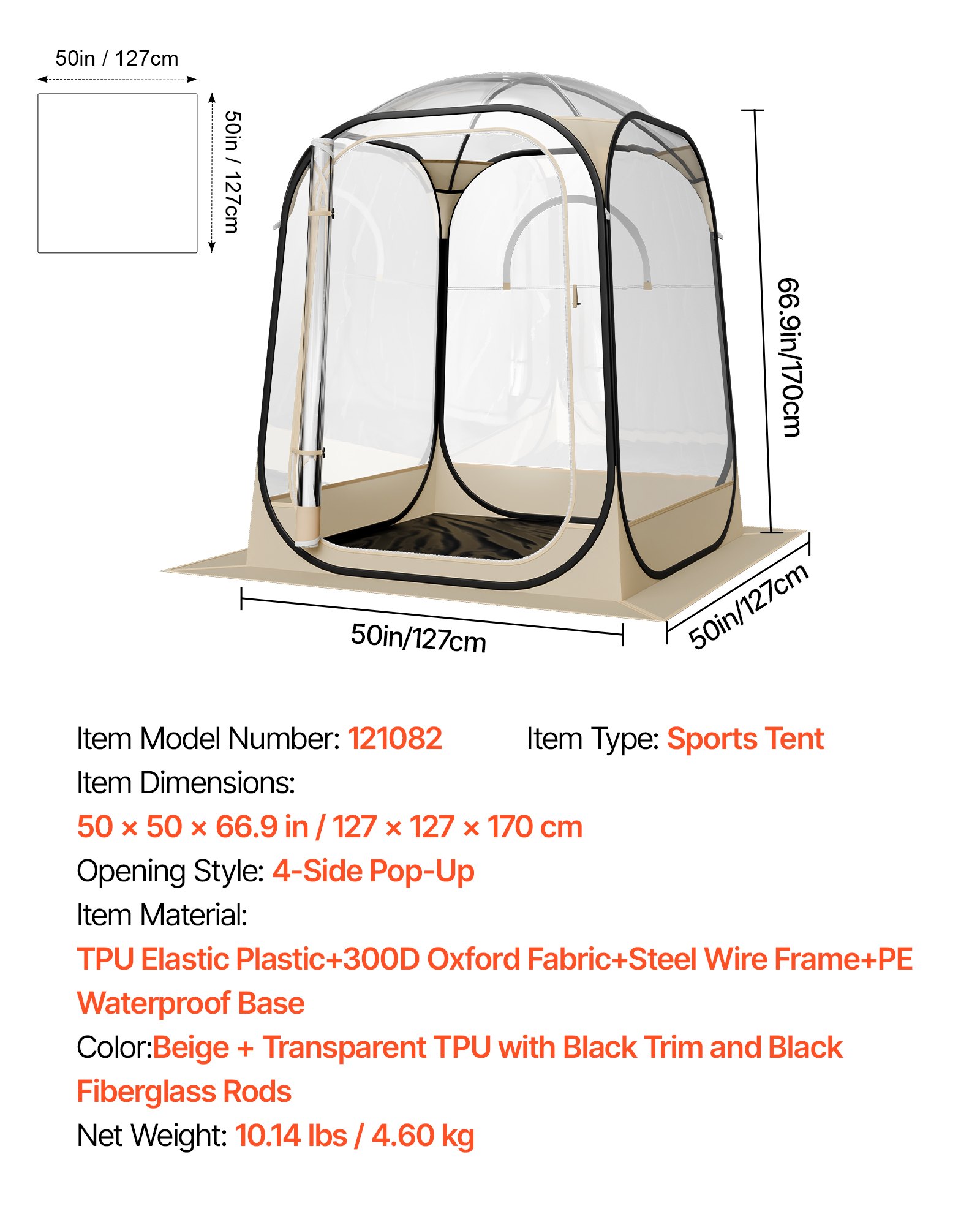 VEVOR Pop up Sports Tent, 50x50 in Clear Bubble Tent for 1 Person, Waterproof Outdoor Pod with Floor Mat & Top Cover, Garden Igloo Dome Tents Camping Shelter for Events Fishing Cheering