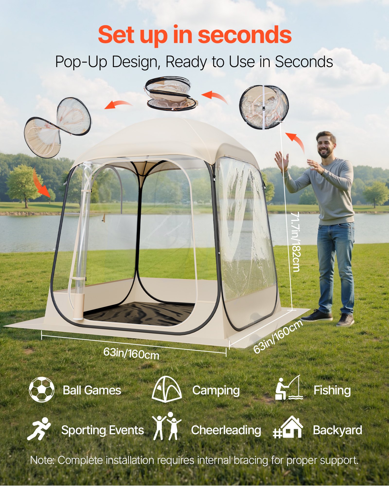 VEVOR Pop up Sports Tent, 63x63 in Clear Bubble Tent for 2-4 Persons, Waterproof Outdoor Pod with Floor Mat & Top Cover, Garden Igloo Dome Tents Camping Shelter for Events Fishing Cheering